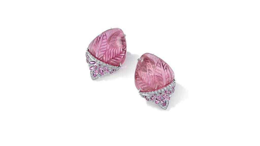 Olga Shatrova LLC in Irvine, California, designed by Olga Shatrova. A pair of 14-karat white gold earrings featuring 60.29-carats of tourmalines with 58 diamonds totaling 0.95 carats and 28 pink sapphires, totaling more than 2 carats ($5,800) Olga Shatrova Earrings